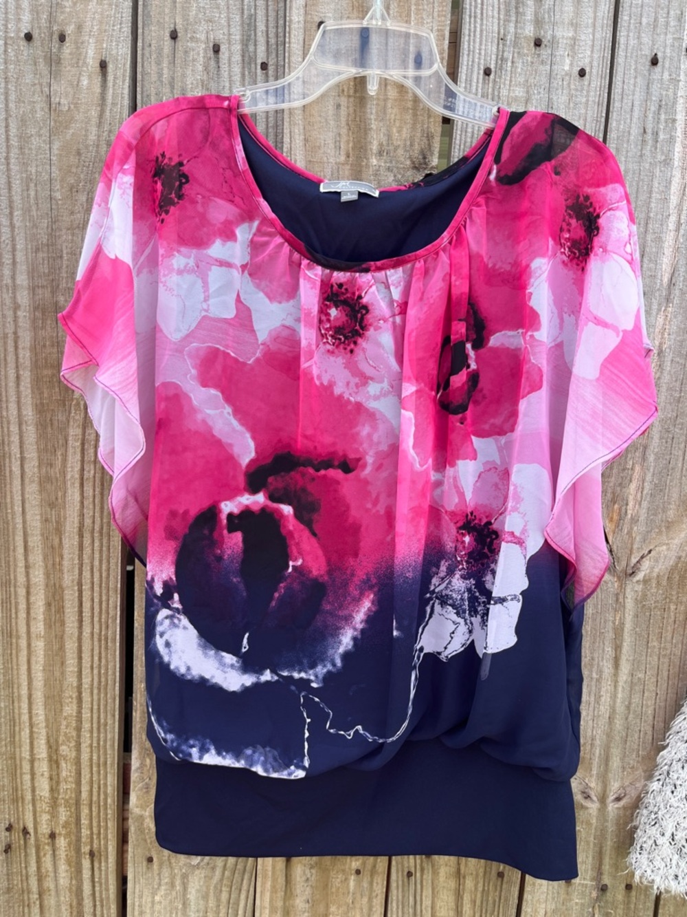 JM Collection Pink and Navy Floral Overlay Blouse
